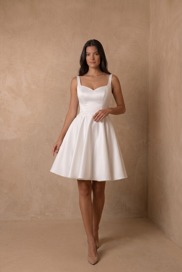 White Simple Satin A-Line Mini Wedding Dress – Classic Spaghetti Strap Bridal Party Dress with Sweetheart Neckline and V-Back Plus Size