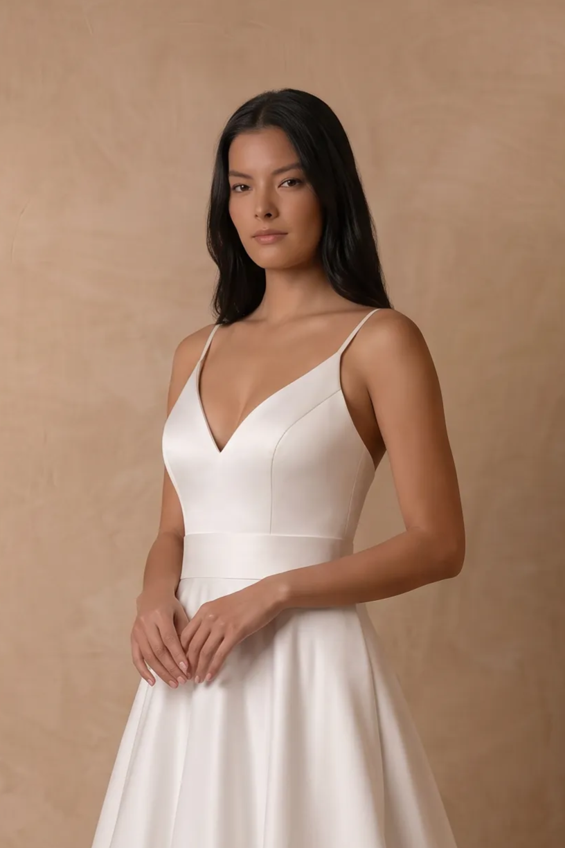 White Simple Satin Wedding Dress, Minimalist V-Neck A-Line Bridal Gown with Spaghetti Straps and Buttons Plus Size