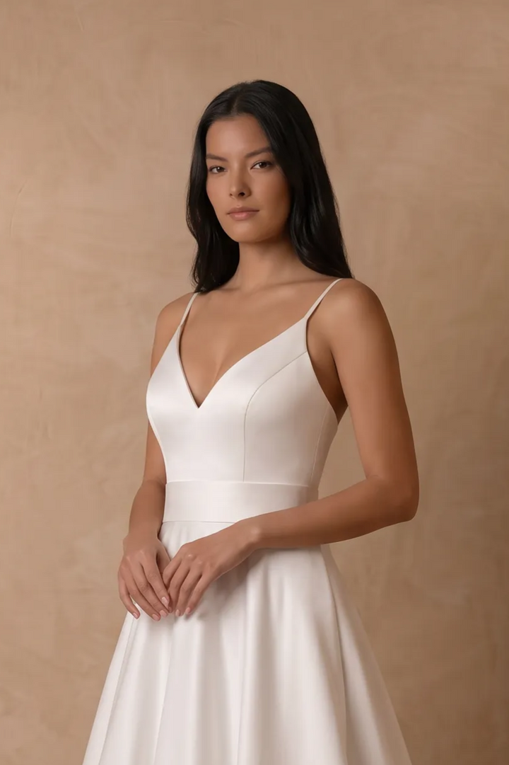 White Simple Satin Wedding Dress, Minimalist V-Neck A-Line Bridal Gown with Spaghetti Straps and Buttons Plus Size