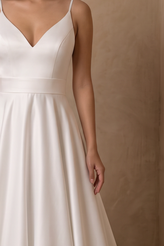 White Simple Satin Wedding Dress, Minimalist V-Neck A-Line Bridal Gown with Spaghetti Straps and Buttons Plus Size