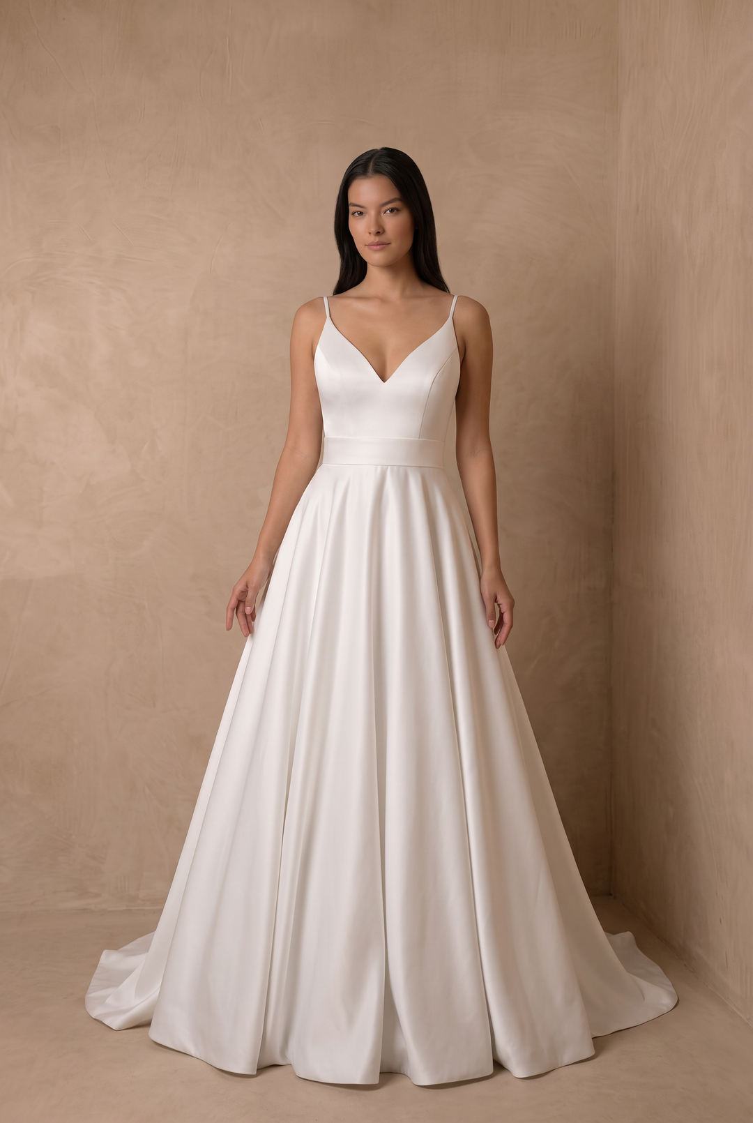 White Simple Satin Wedding Dress, Minimalist V-Neck A-Line Bridal Gown with Spaghetti Straps and Buttons Plus Size