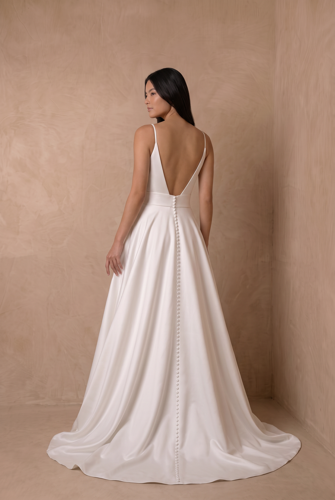 White Simple Satin Wedding Dress, Minimalist V-Neck A-Line Bridal Gown with Spaghetti Straps and Buttons Plus Size