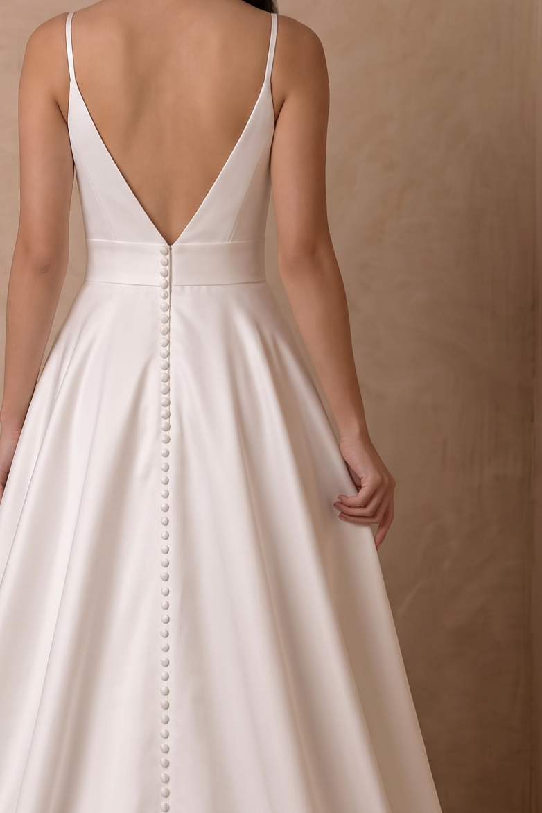 White Simple Satin Wedding Dress, Minimalist V-Neck A-Line Bridal Gown with Spaghetti Straps and Buttons Plus Size