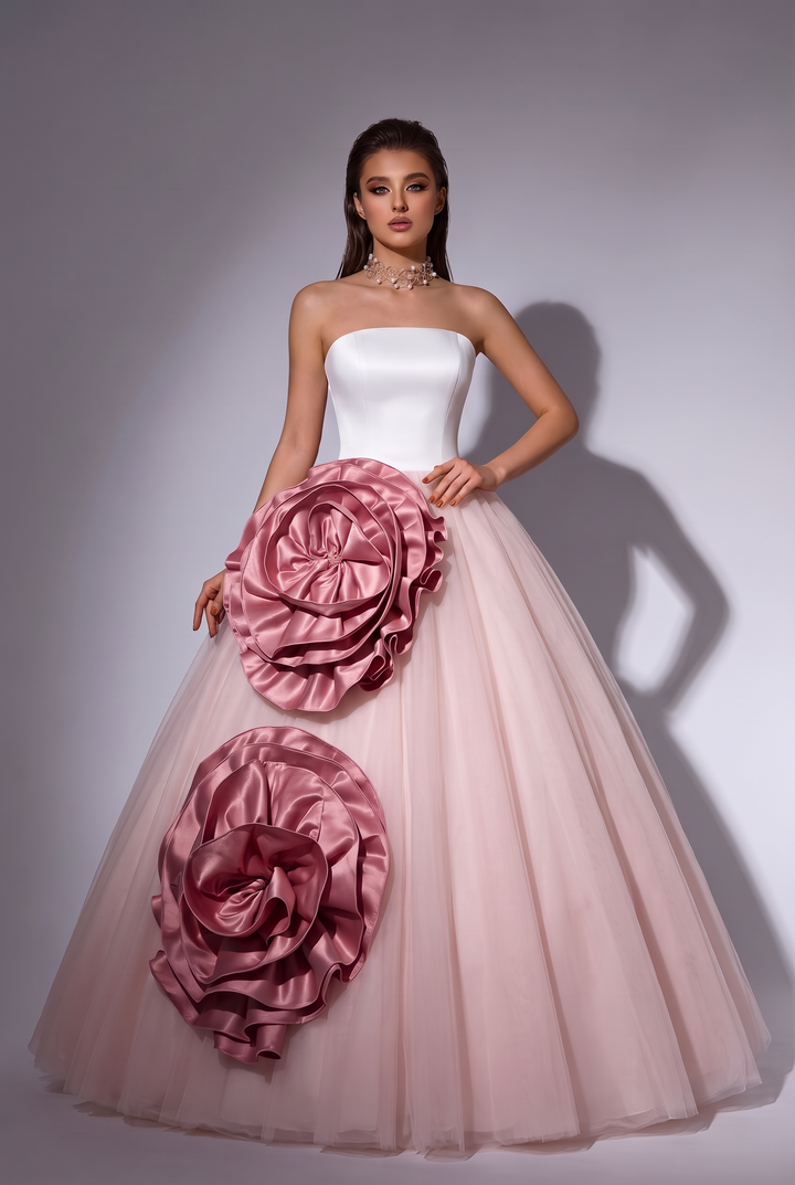 White Wedding Dress with Oversized Rose Appliqués - Strapless Corset Ball Gown with Pink Floral Details - Romantic Bridal Dress Plus Size