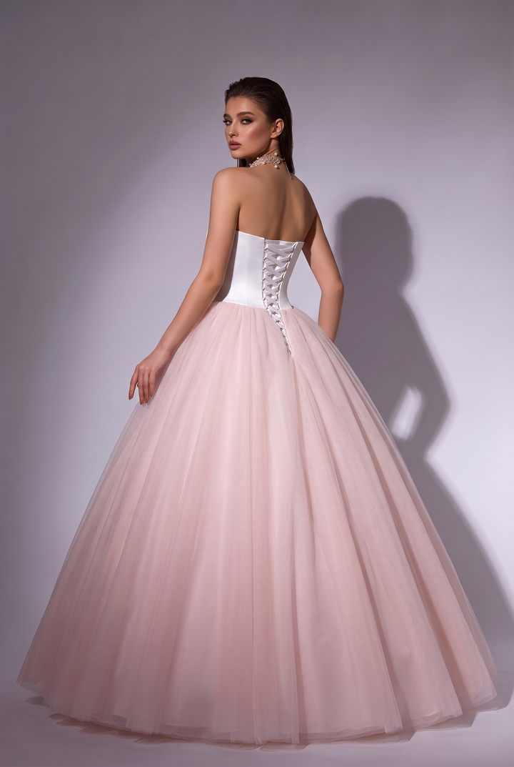 White Wedding Dress with Oversized Rose Appliqués - Strapless Corset Ball Gown with Pink Floral Details - Romantic Bridal Dress Plus Size