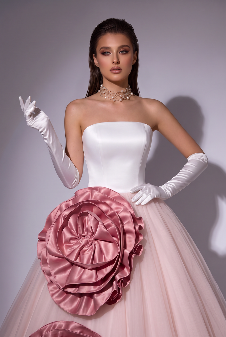 White Wedding Dress with Oversized Rose Appliqués - Strapless Corset Ball Gown with Pink Floral Details - Romantic Bridal Dress Plus Size