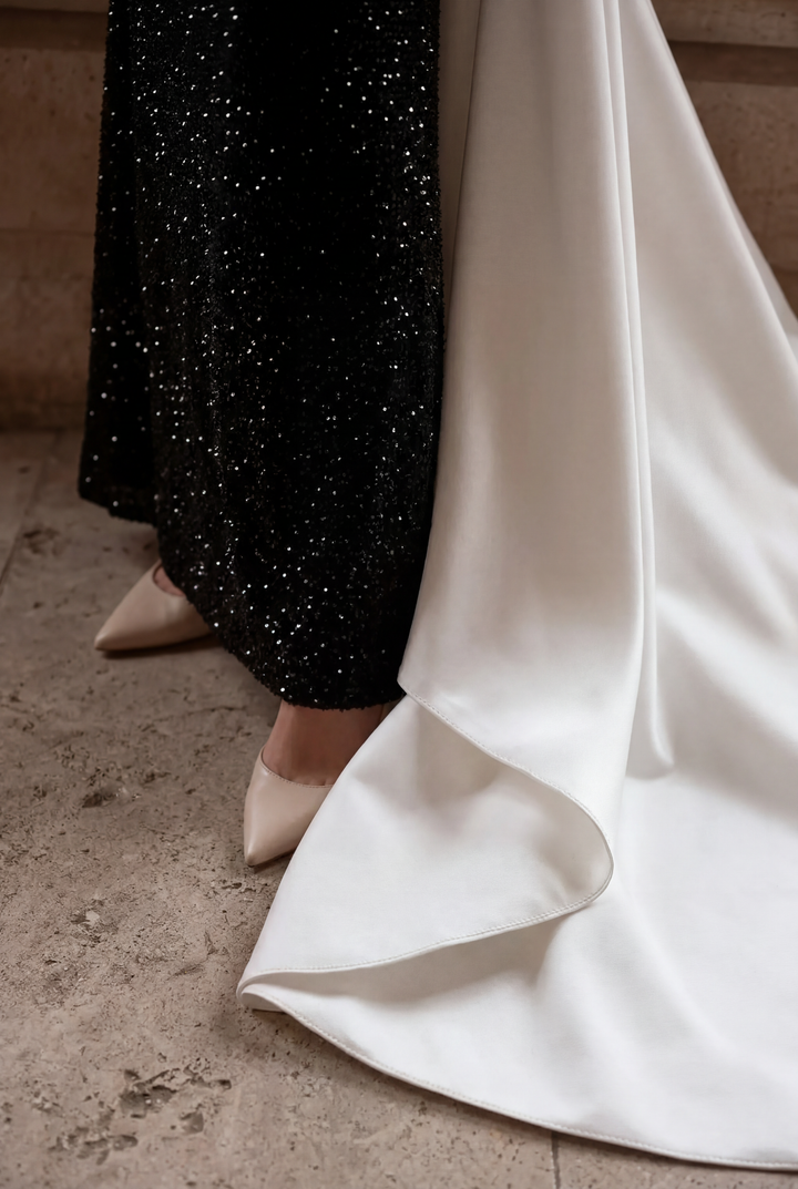 White And Black Simple Gothic Off Shoulder Formal Dress With Train With Bow Tie Plus Size