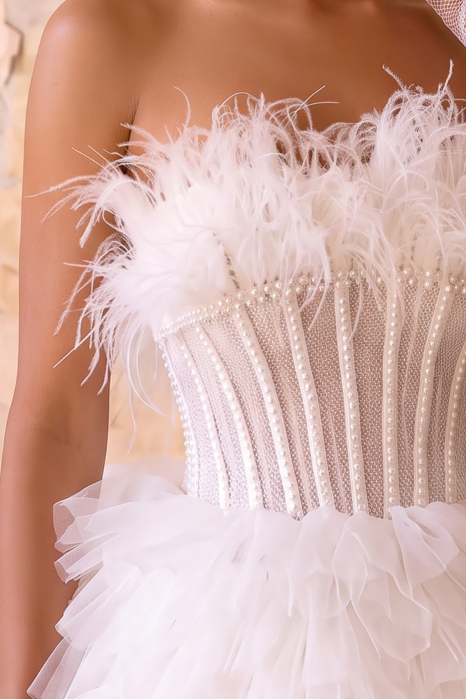 White Feather Embellished Tulle Party Dress with Corset - White Layered Tulle Ruffle Dress Plus Size