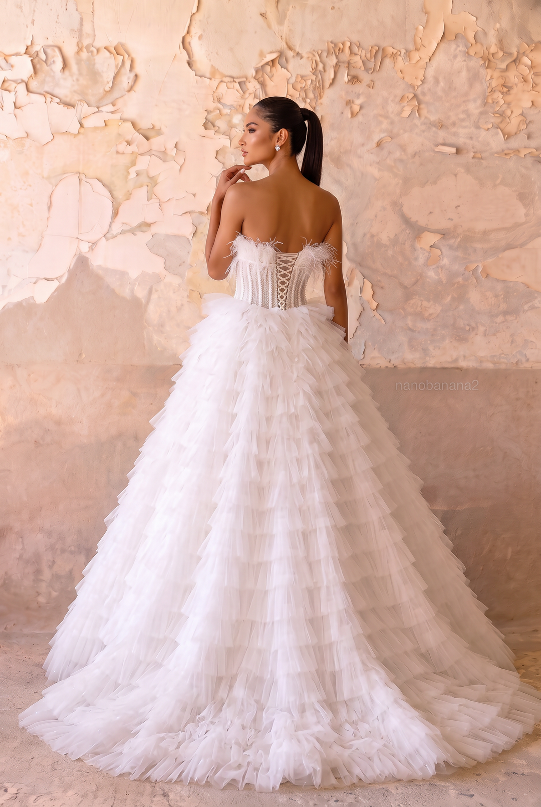 White Feather Embellished Tulle Party Dress with Corset - White Layered Tulle Ruffle Dress Plus Size