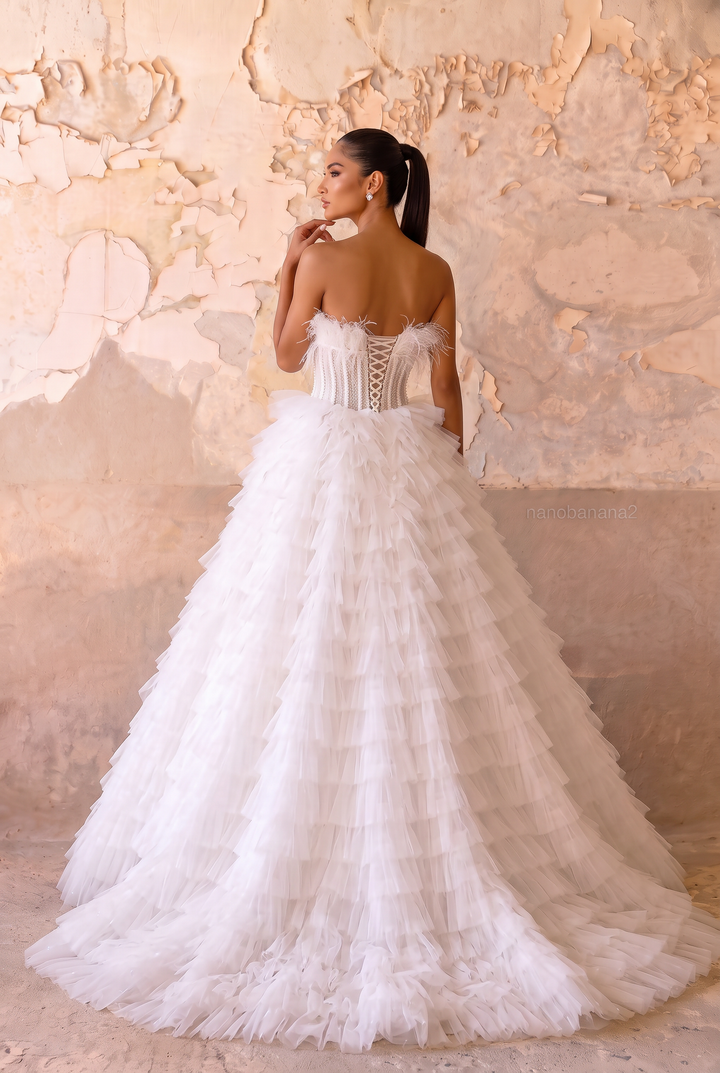 White Feather Embellished Tulle Party Dress with Corset - White Layered Tulle Ruffle Dress Plus Size