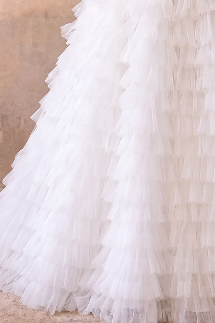 White Feather Embellished Tulle Party Dress with Corset - White Layered Tulle Ruffle Dress Plus Size