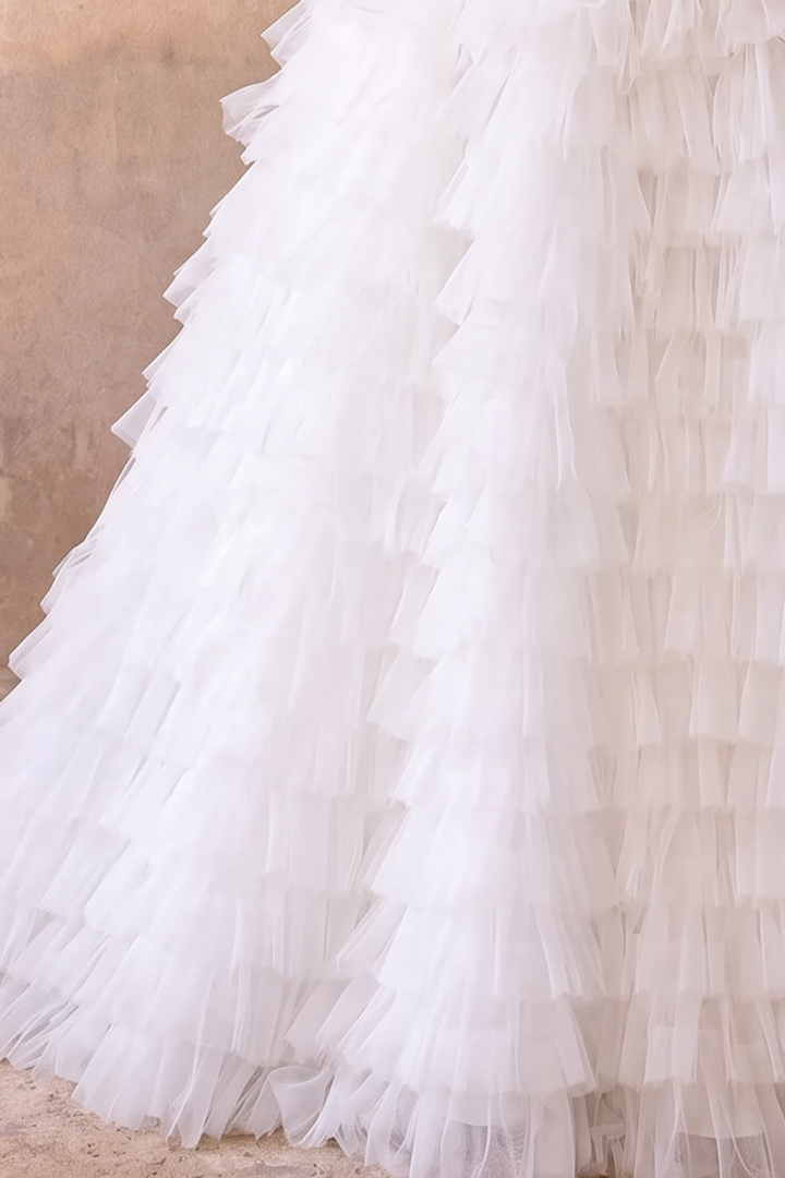 White Feather Embellished Tulle Party Dress with Corset - White Layered Tulle Ruffle Dress Plus Size