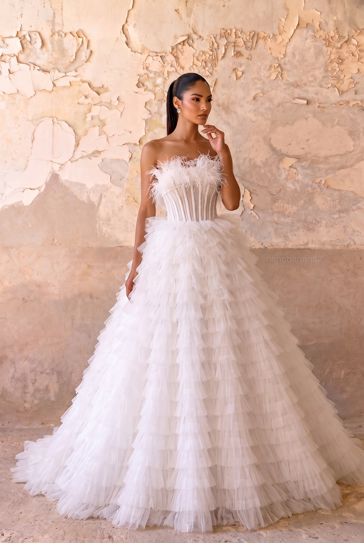 White Feather Embellished Tulle Party Dress with Corset - White Layered Tulle Ruffle Dress Plus Size