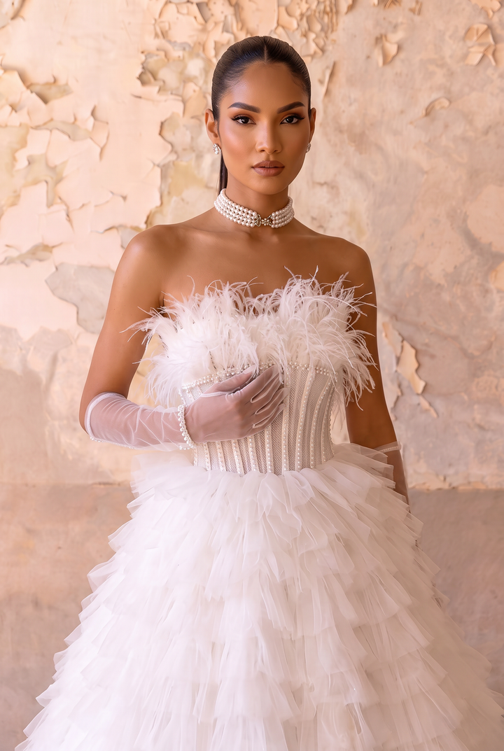 White Feather Embellished Tulle Party Dress with Corset - White Layered Tulle Ruffle Dress Plus Size