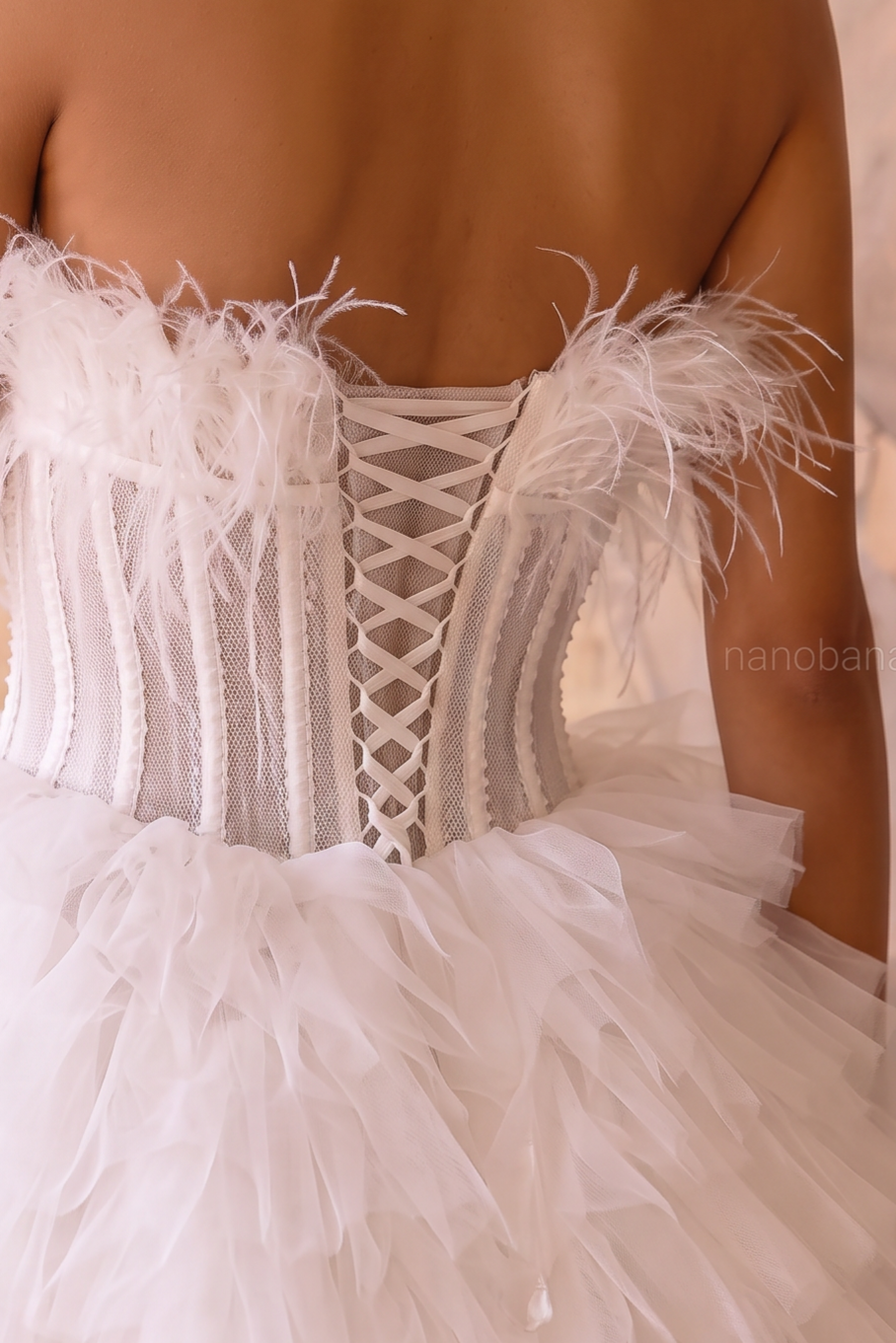 White Feather Embellished Tulle Party Dress with Corset - White Layered Tulle Ruffle Dress Plus Size