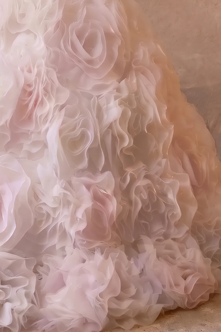 White Floral Ball Gown - Layered Tulle Ruffle Dress - Strapless Ball Gown Wedding Dress - Pink and White Floral Wedding Dress Plue Size