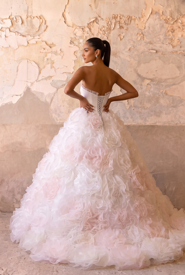 White Floral Ball Gown - Layered Tulle Ruffle Dress - Strapless Ball Gown Wedding Dress - Pink and White Floral Wedding Dress Plue Size