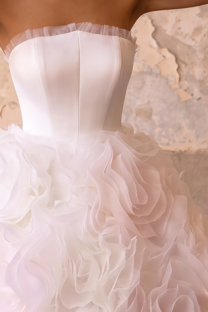 White Floral Ball Gown - Layered Tulle Ruffle Dress - Strapless Ball Gown Wedding Dress - Pink and White Floral Wedding Dress Plue Size