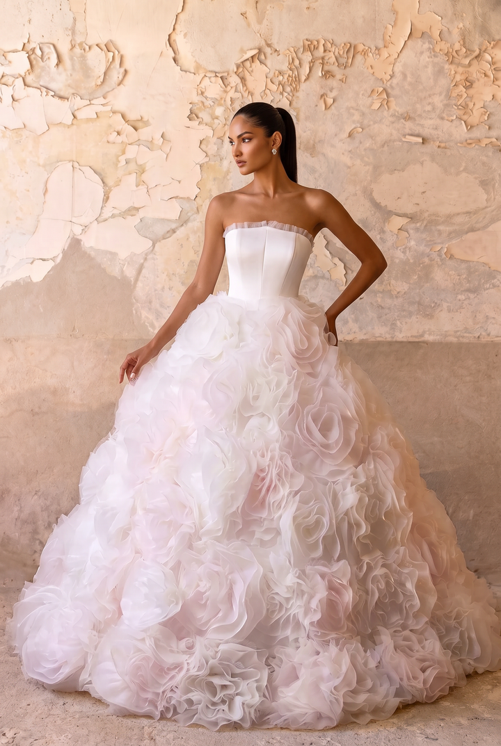 White Floral Ball Gown - Layered Tulle Ruffle Dress - Strapless Ball Gown Wedding Dress - Pink and White Floral Wedding Dress Plue Size