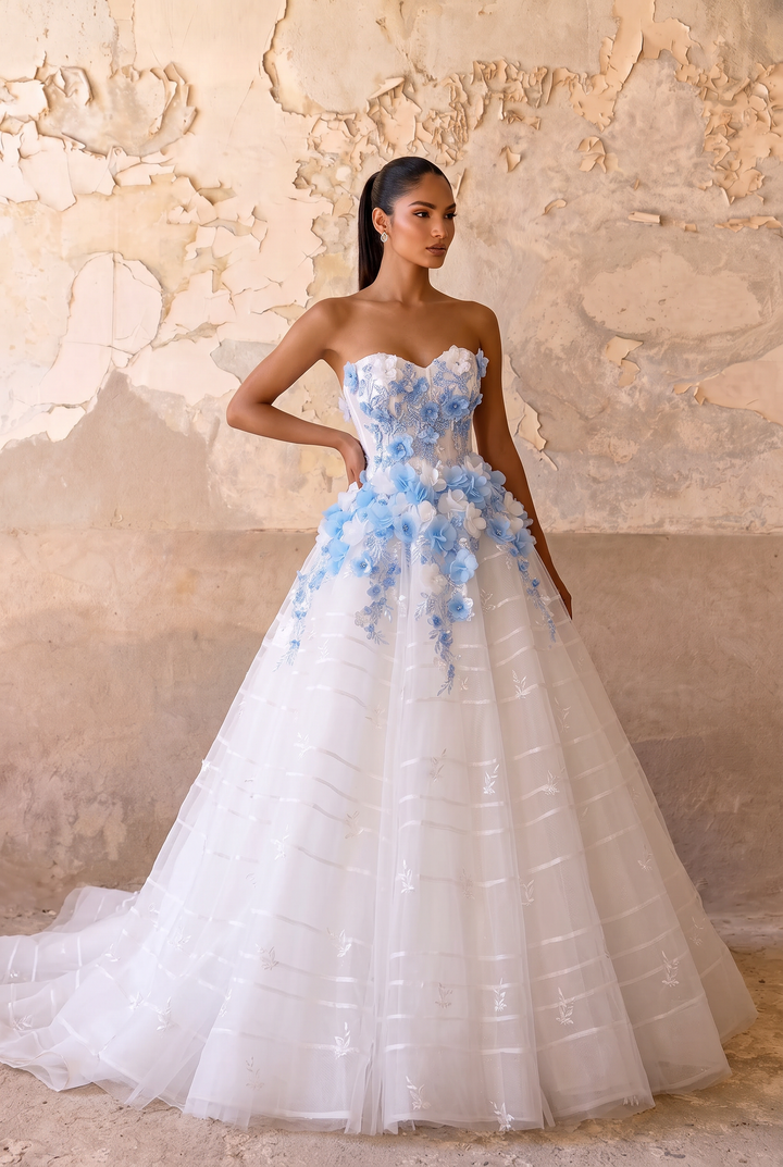 White Floral Wedding Dress with Blue 3D Flowers - Strapless Corset Ball Gown with Oversized Floral Appliqués - Romantic Bridal Dress Plus Size