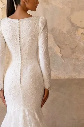 White Lace Mermaid Wedding Dress with Train and Embroidery - Long Sleeves Lace Bridal Gown with Tulle Plus Size