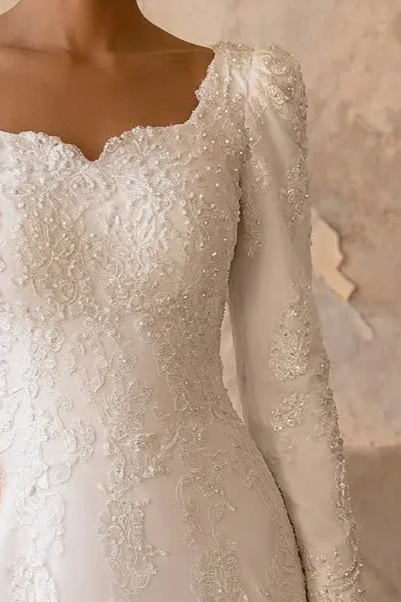 White Lace Mermaid Wedding Dress with Train and Embroidery - Long Sleeves Lace Bridal Gown with Tulle Plus Size