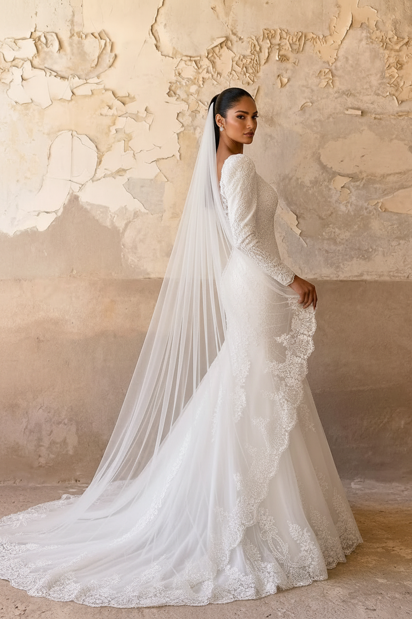 mermaid wedding dress with long train and veil Wedding Dress