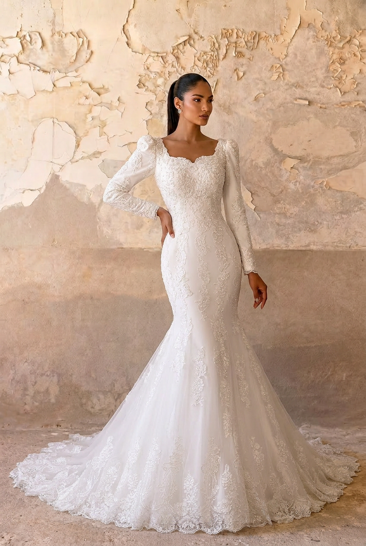 White Lace Mermaid Wedding Dress with Train and Embroidery - Long Sleeves Lace Bridal Gown with Tulle Plus Size