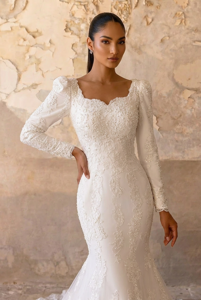 White Lace Mermaid Wedding Dress with Train and Embroidery - Long Sleeves Lace Bridal Gown with Tulle Plus Size