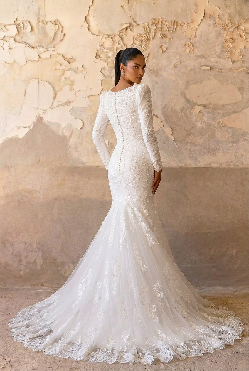 White Lace Mermaid Wedding Dress with Train and Embroidery - Long Sleeves Lace Bridal Gown with Tulle Plus Size