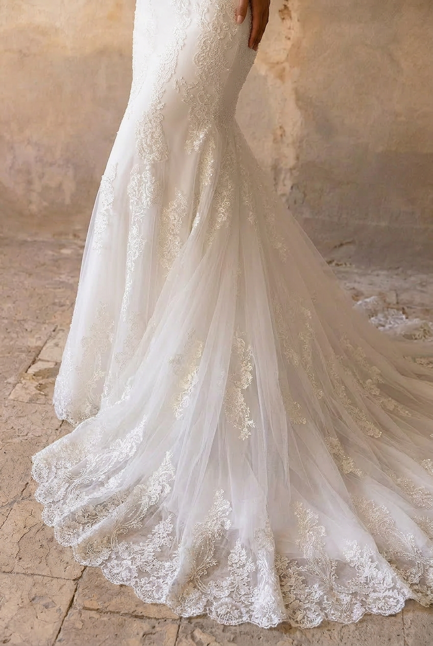 White Lace Mermaid Wedding Dress with Train and Embroidery - Long Sleeves Lace Bridal Gown with Tulle Plus Size