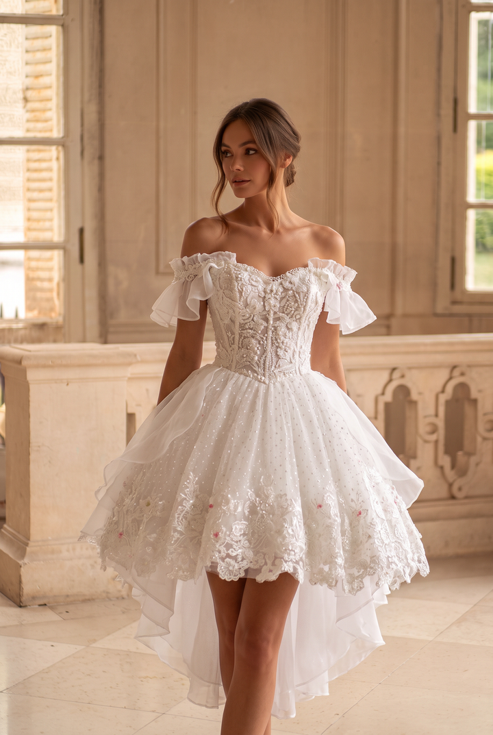 White Lolita Dress with Off-Shoulder - Short Evening Dress with Layered Ruffles – Lace Lolita Dress Plus Size