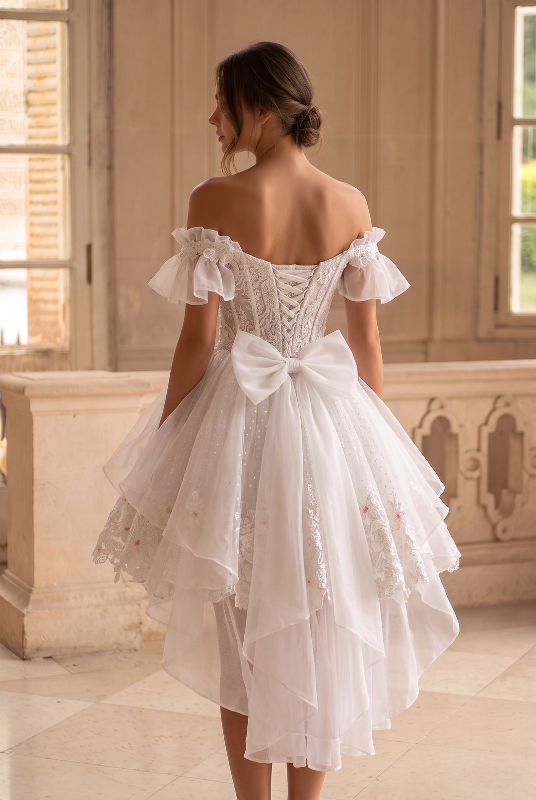 White Lolita Dress with Off-Shoulder - Short Evening Dress with Layered Ruffles – Lace Lolita Dress Plus Size