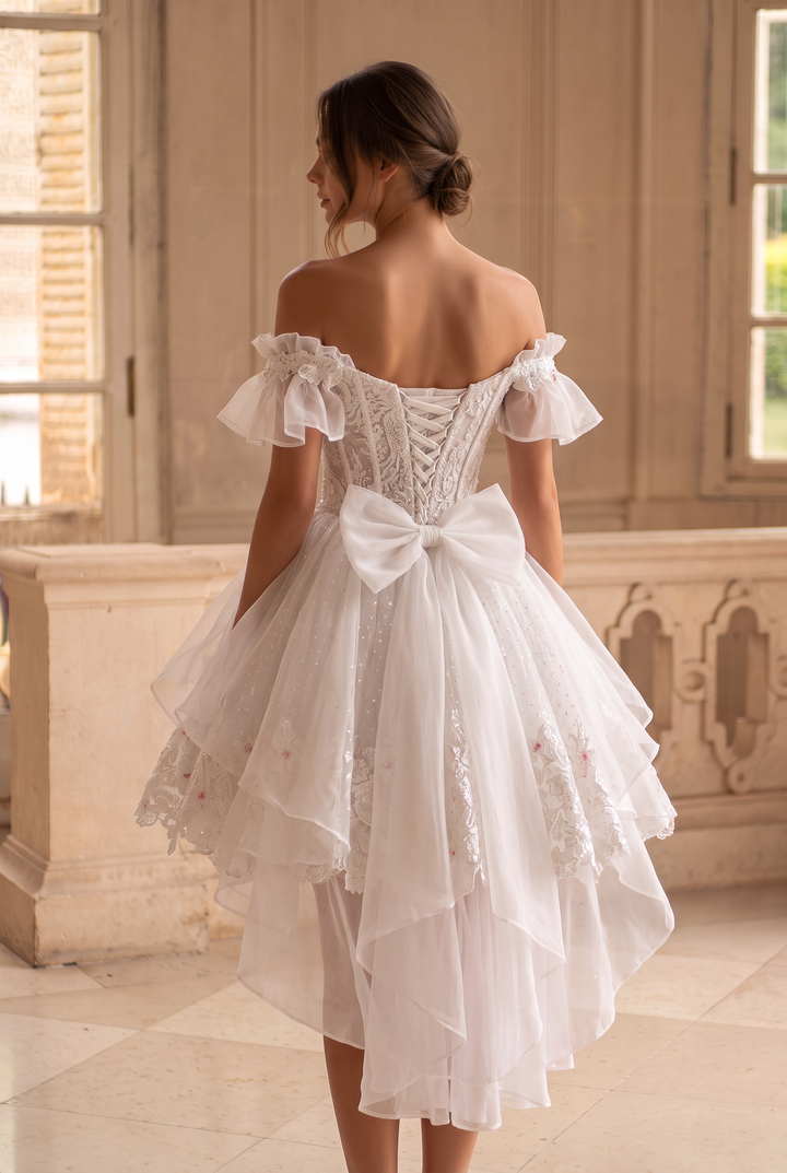 White Lolita Dress with Off-Shoulder - Short Evening Dress with Layered Ruffles – Lace Lolita Dress Plus Size