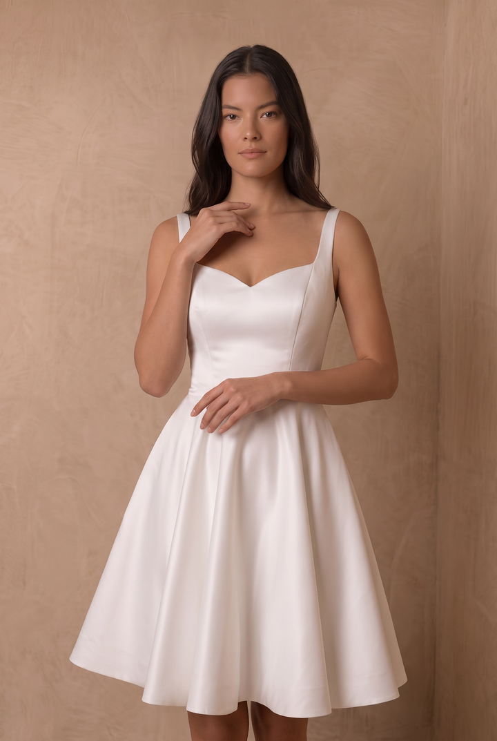 White Simple Satin A-Line Mini Wedding Dress – Classic Spaghetti Strap Bridal Party Dress with Sweetheart Neckline and V-Back Plus Size