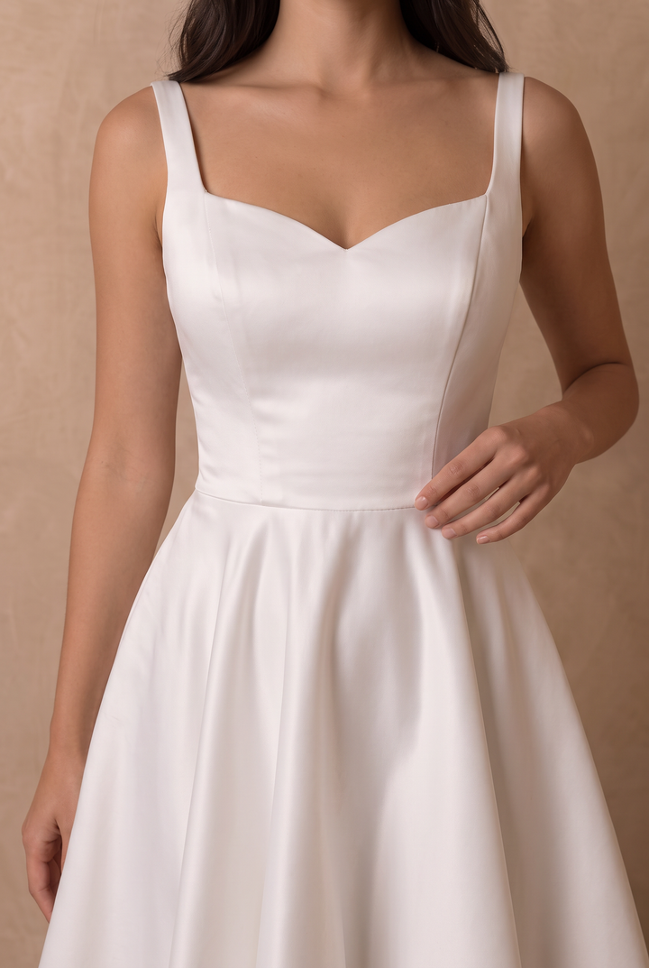 White Simple Satin A-Line Mini Wedding Dress – Classic Spaghetti Strap Bridal Party Dress with Sweetheart Neckline and V-Back Plus Size