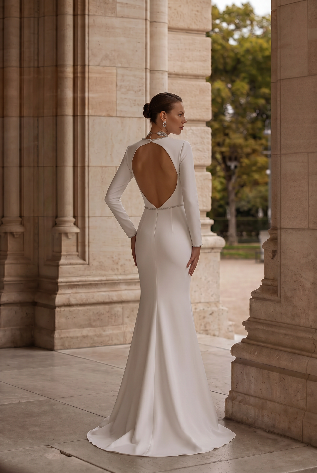 White V-neck Long Sleeve Backless Evening Dress -  Formal Dress With Crystal -  Plus Size