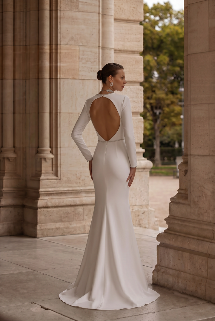 White V-neck Long Sleeve Backless Evening Dress -  Formal Dress With Crystal -  Plus Size