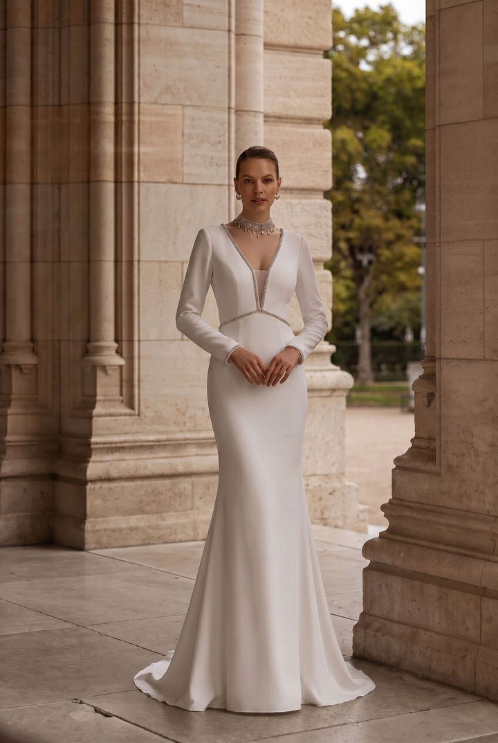 White V-neck Long Sleeve Backless Evening Dress -  Formal Dress With Crystal -  Plus Size
