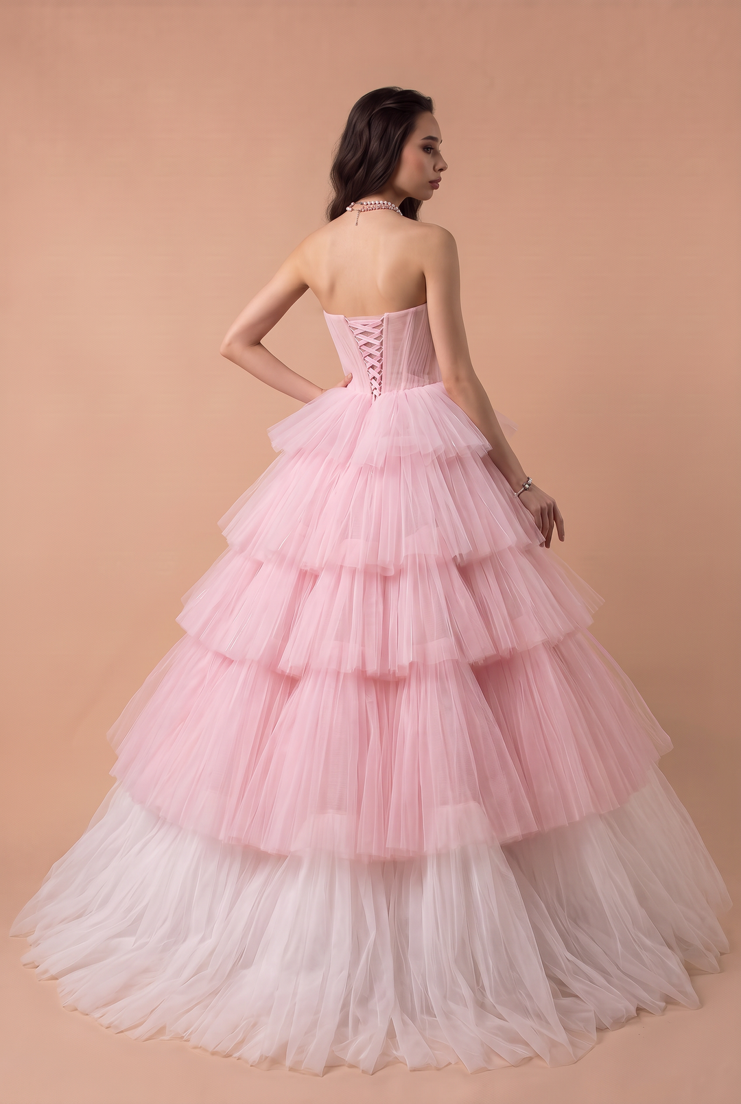 White and Pink Tiered Tulle Evening Dress - Pink Corset Back Tulle Wedding Dress Plus Size