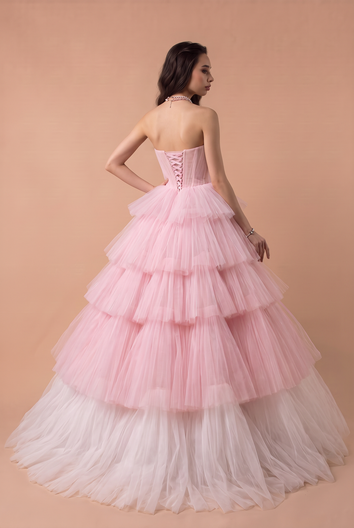 White and Pink Tiered Tulle Evening Dress - Pink Corset Back Tulle Wedding Dress Plus Size