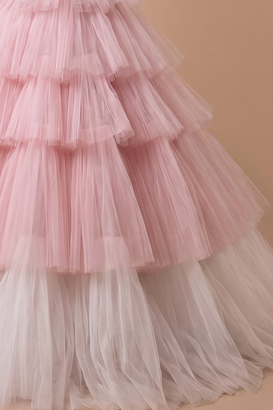 White and Pink Tiered Tulle Evening Dress - Pink Corset Back Tulle Wedding Dress Plus Size