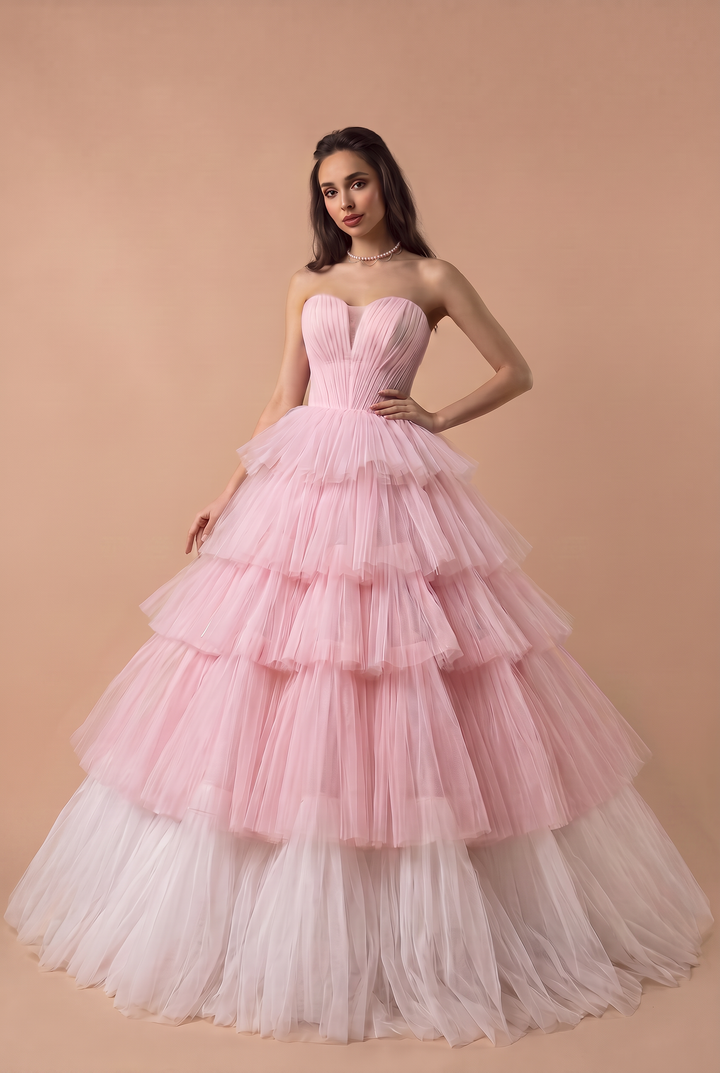 White and Pink Tiered Tulle Evening Dress - Pink Corset Back Tulle Wedding Dress Plus Size