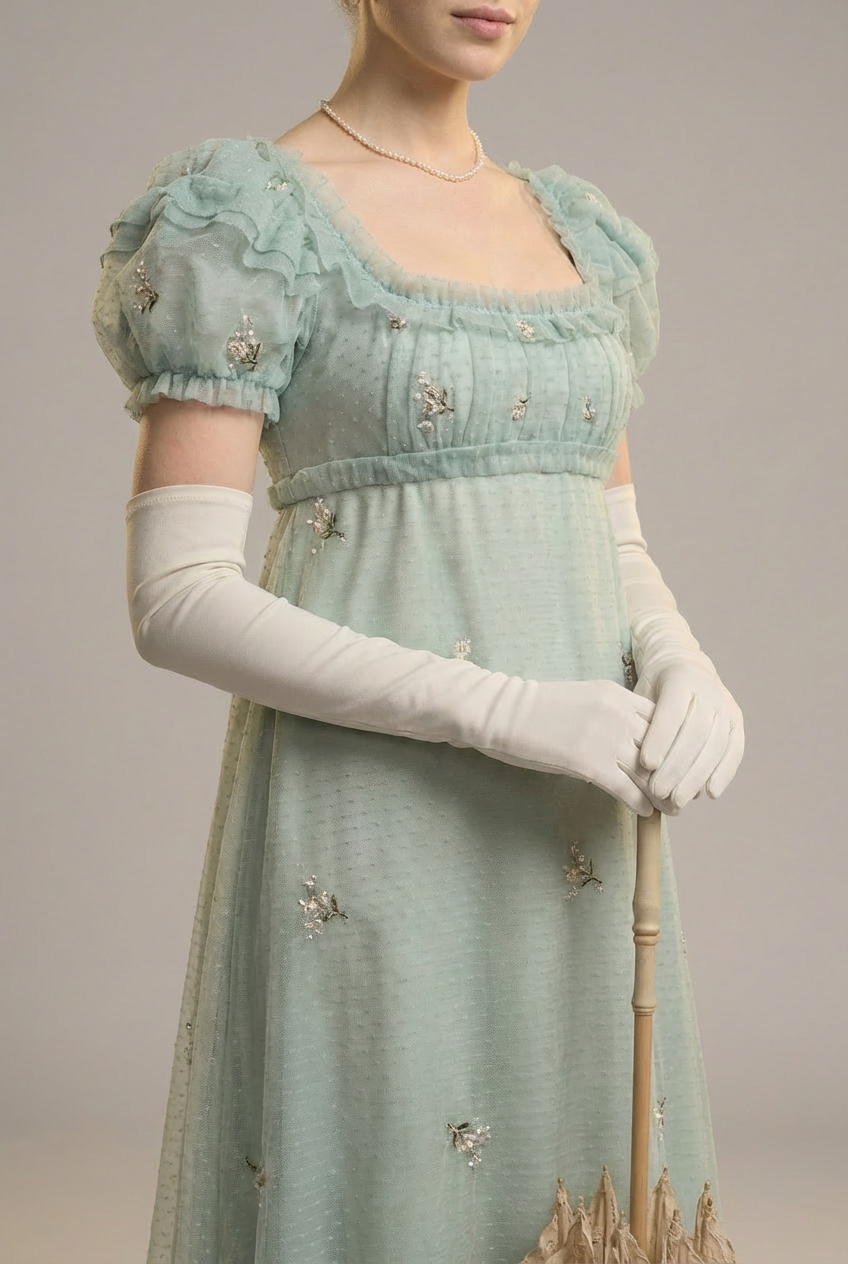 Romantic Mint Green Regency Era Embroidered Dress With Ruffle - Empire Waist Dress Plus Size Romantic Mint Green Regency Era Embroidered Dress With Ruffle - Empire Waist Dress Plus Size