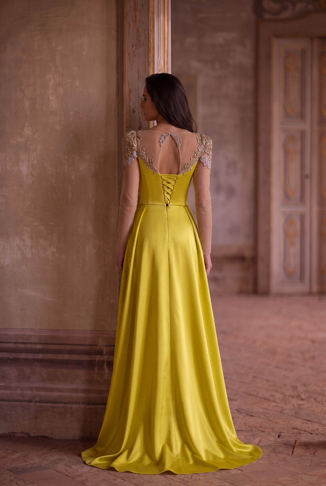 Yellow Satin Evening Dress with Embroidered Sheer Sleeves – Lace-Up Back Formal Evening Dress  Plus Size