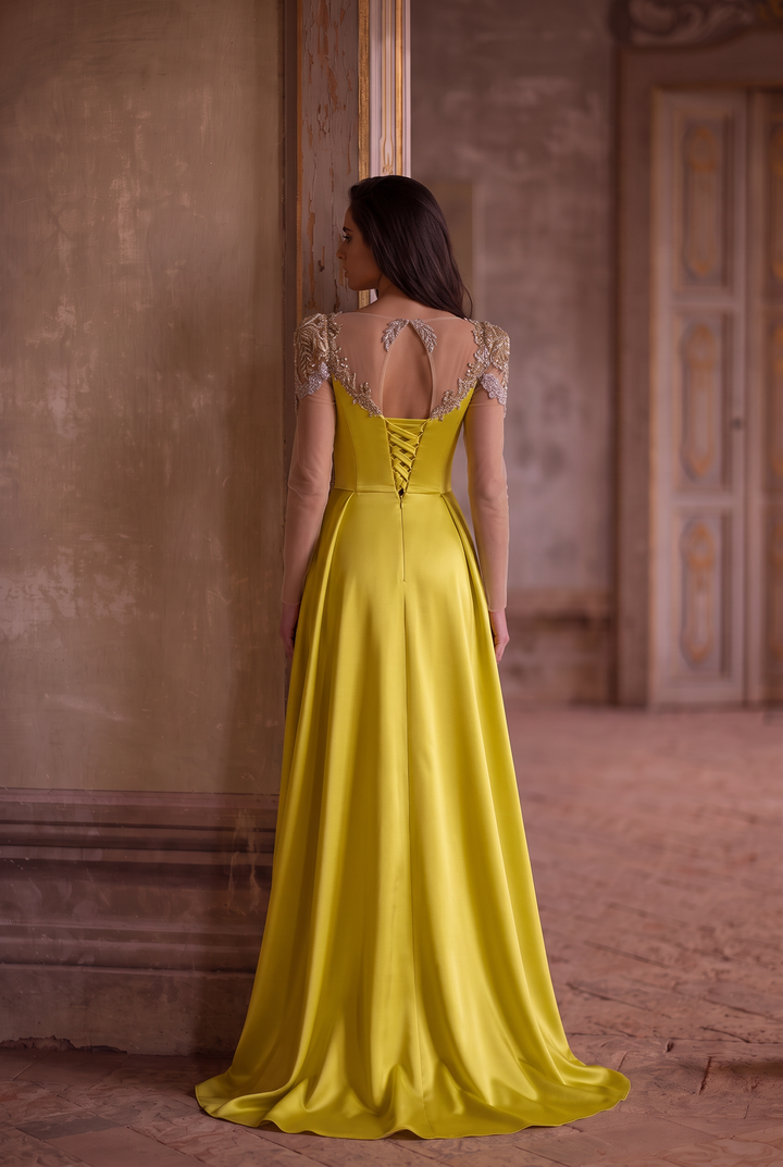 Yellow Satin Evening Dress with Embroidered Sheer Sleeves – Lace-Up Back Formal Evening Dress  Plus Size