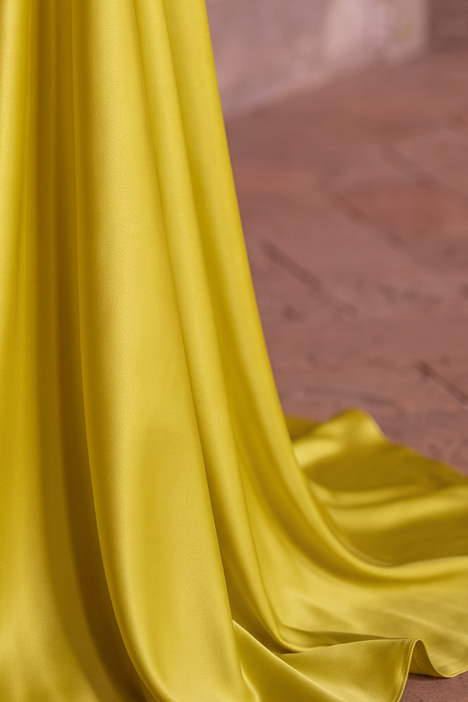 Yellow Satin Evening Dress with Embroidered Sheer Sleeves – Lace-Up Back Formal Evening Dress  Plus Size