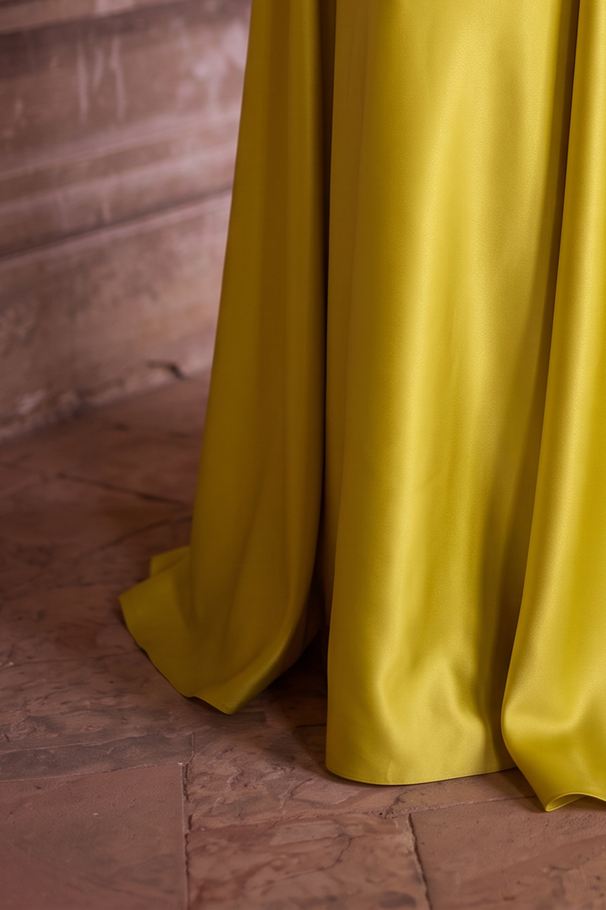 Yellow Satin Evening Dress with Embroidered Sheer Sleeves – Lace-Up Back Formal Evening Dress  Plus Size