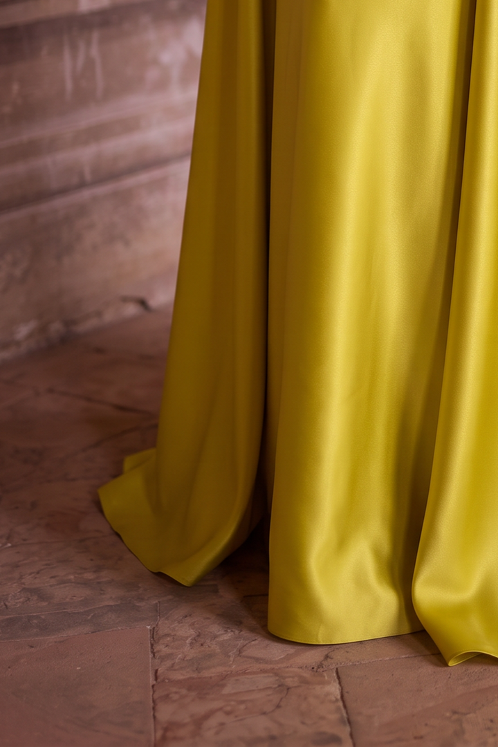 Yellow Satin Evening Dress with Embroidered Sheer Sleeves – Lace-Up Back Formal Evening Dress  Plus Size