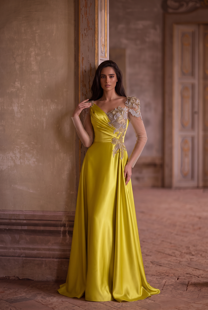 Yellow Satin Evening Dress with Embroidered Sheer Sleeves – Lace-Up Back Formal Evening Dress  Plus Size
